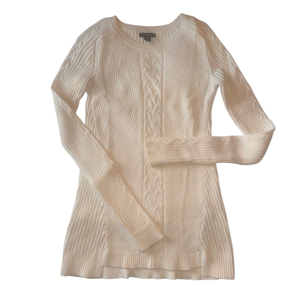Women's Nautica Cable Knit Cotton Sweater Cream Off White Long Sleeve Small